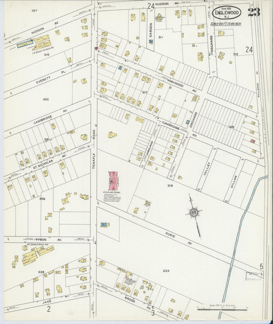 Sanborn Fire Insurance Map from Englewood, Bergen County, New Jersey (1915), Sheet #0023 - Historic Sanborn Fire Insurance Map Print, vintage old map wall art, antique decor, genealogy gift, New Jersey New Jersey map