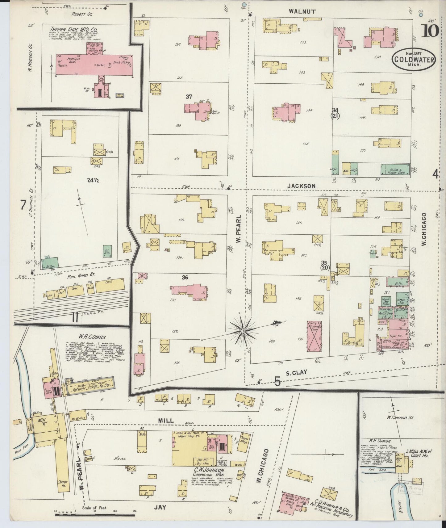 Sanborn Fire Insurance Map from Coldwater, Branch County, Michigan (1897), Sheet #0010 - Historic Sanborn Fire Insurance Map Print, vintage old map wall art, antique decor, genealogy gift, Michigan Michigan map