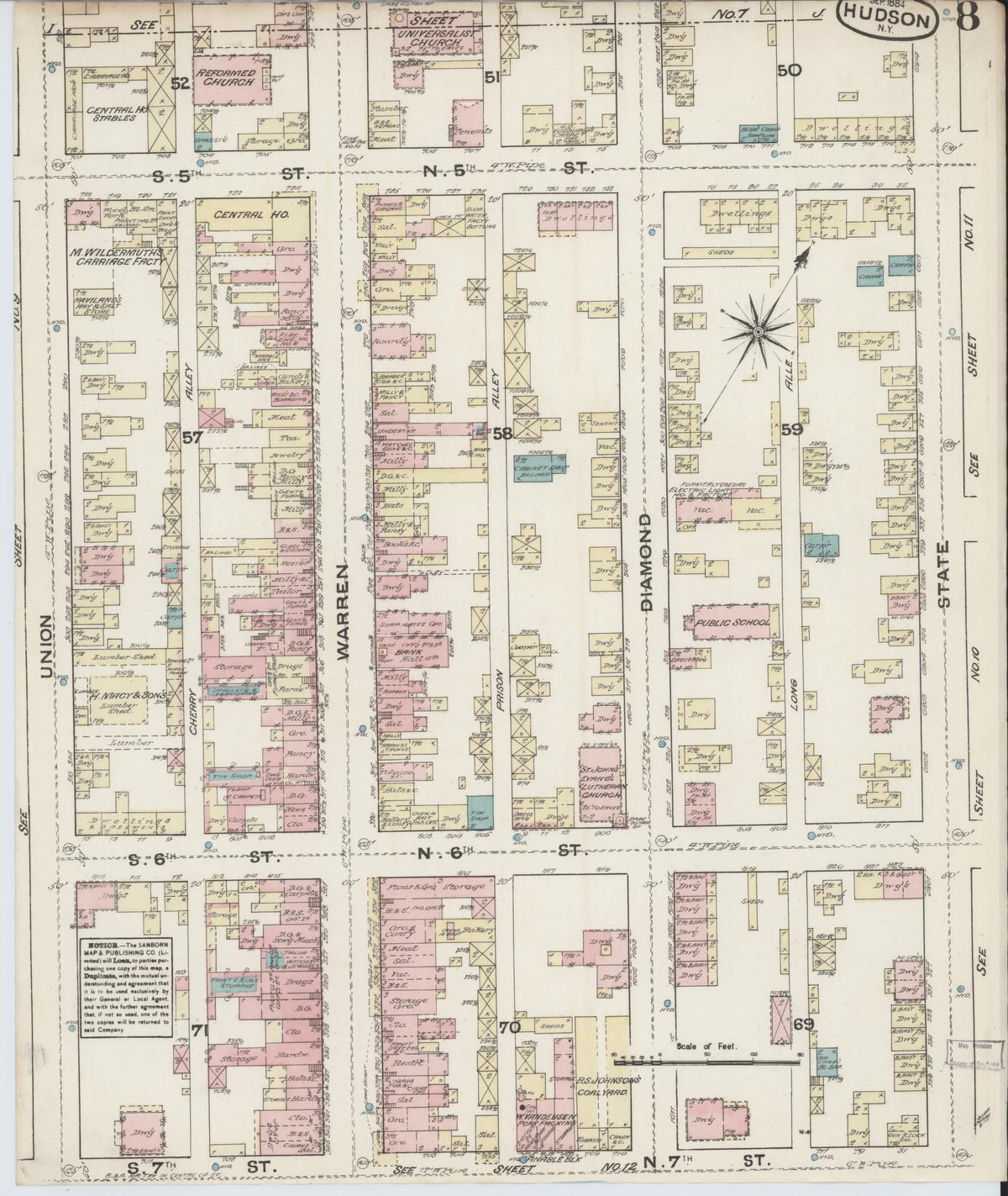 Sanborn Fire Insurance Map from Hudson, Columbia County, New York (1884), Sheet #0008 - Complete Map Set gallery image, historic Sanborn map, vintage wall art, New York New York