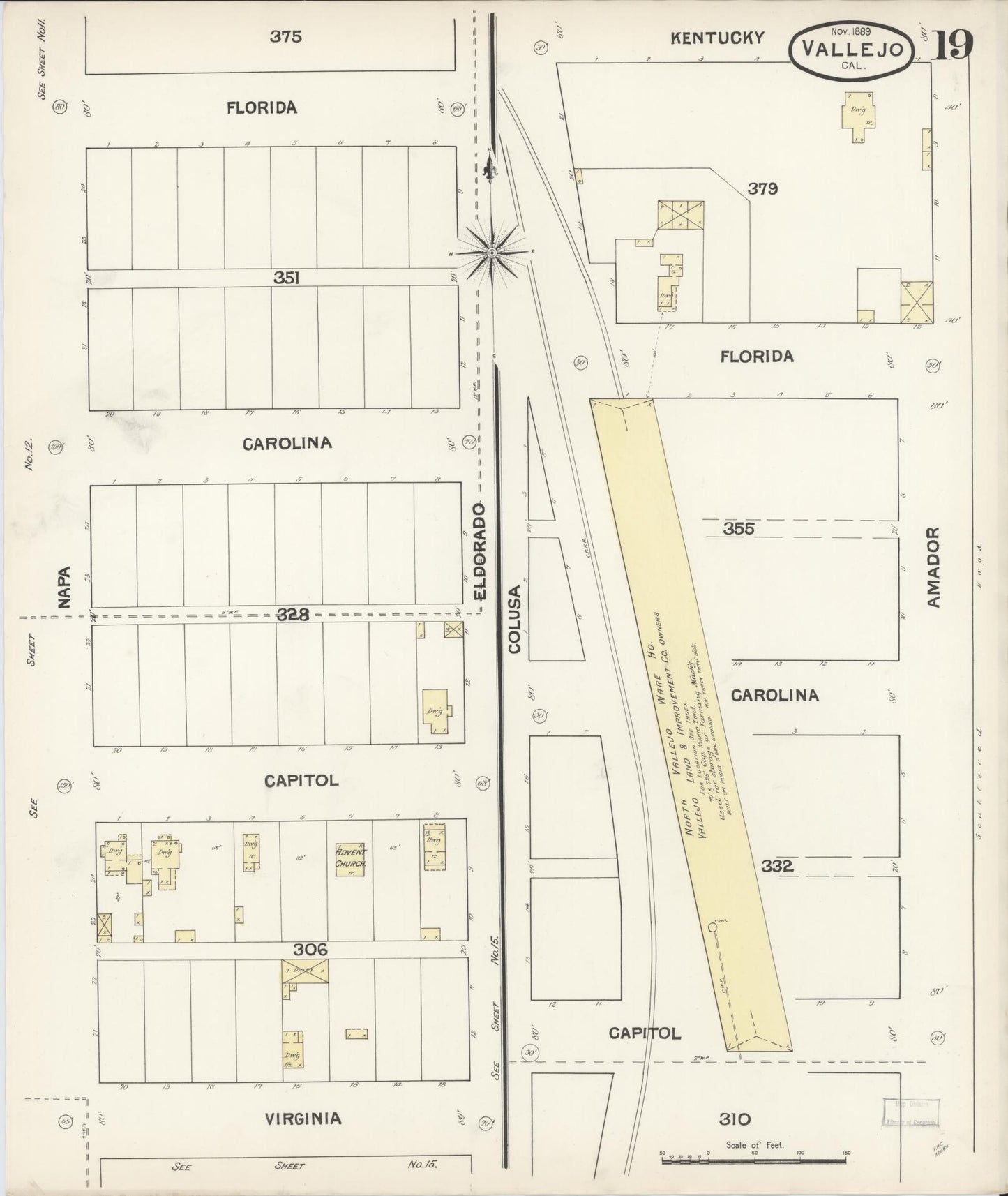 Sanborn Fire Insurance Map from Vallejo, Solano County, California (1889), Sheet #0019 - Complete Map Set gallery image, historic Sanborn map, vintage wall art, California California