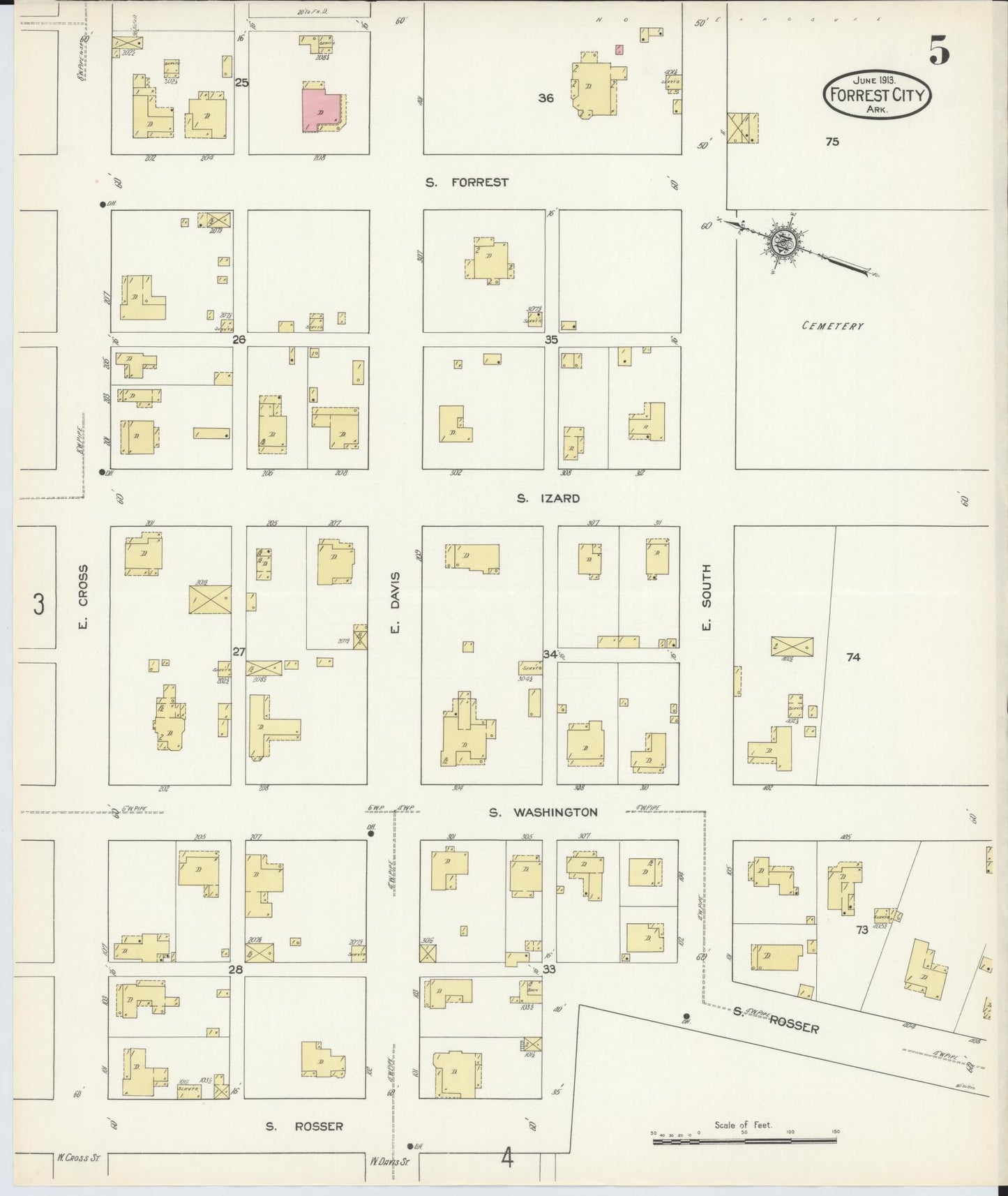 Sanborn Fire Insurance Map from Forrest City, Saint Francis County, Arkansas (1913), Sheet #0005 - Complete Map Set gallery image, historic Sanborn map, vintage wall art, Arkansas Arkansas