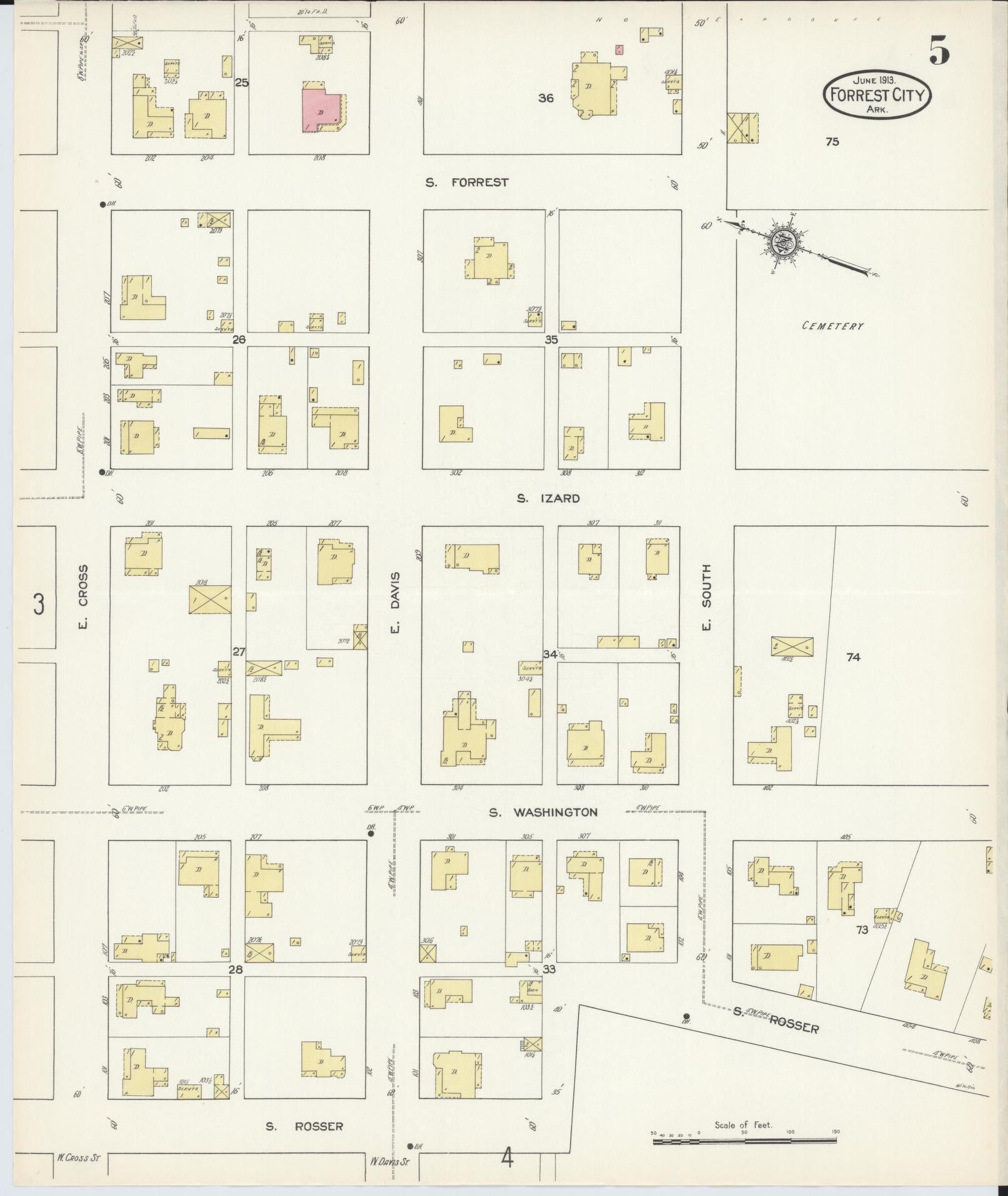 Sanborn Fire Insurance Map from Forrest City, Saint Francis County, Arkansas (1913), Sheet #0005 - Complete Map Set gallery image, historic Sanborn map, vintage wall art, Arkansas Arkansas
