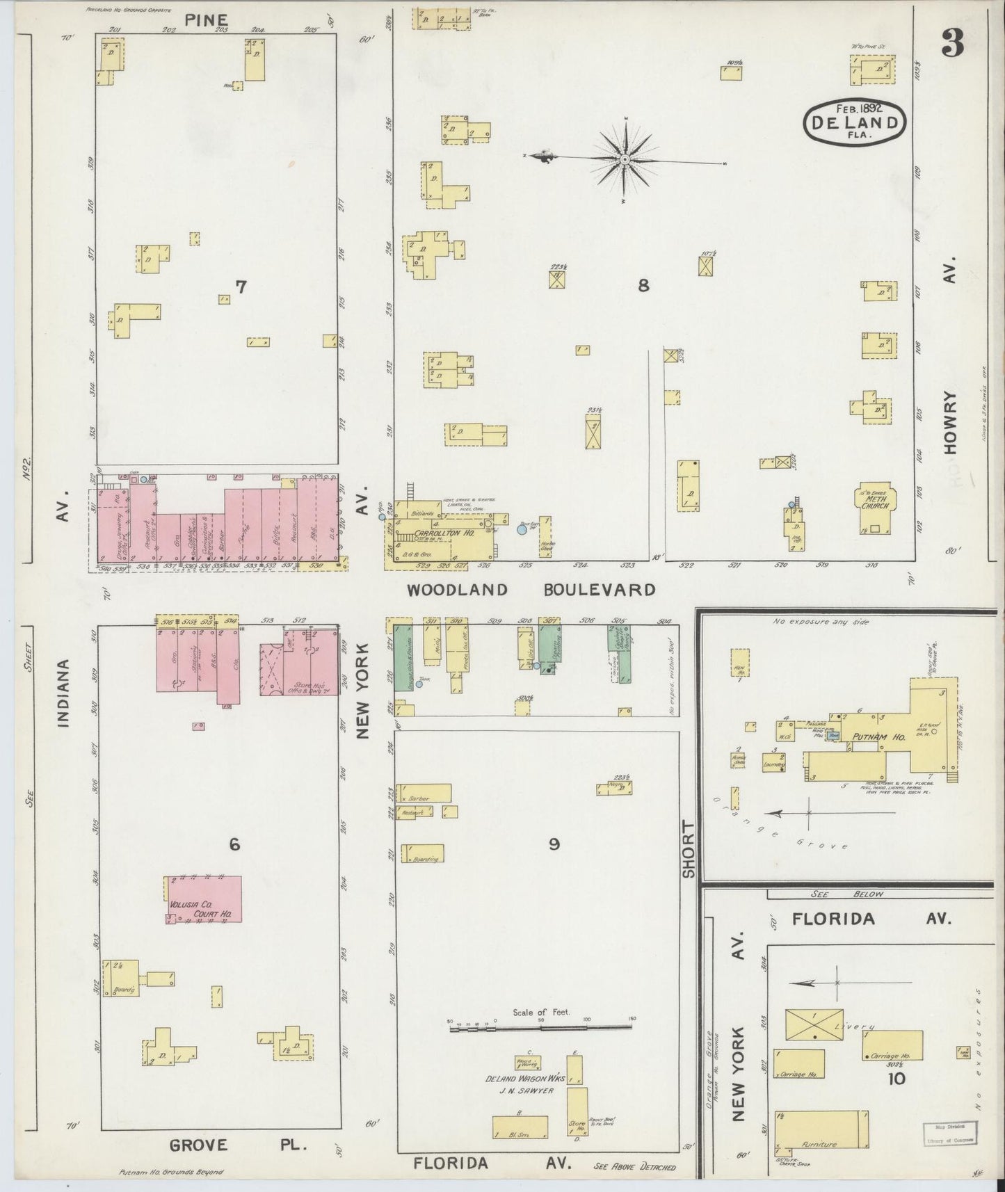 Sanborn Fire Insurance Map from De Land, Volusia County, Florida (1892), Sheet #0003 - Complete Map Set gallery image, historic Sanborn map, vintage wall art, Florida Florida