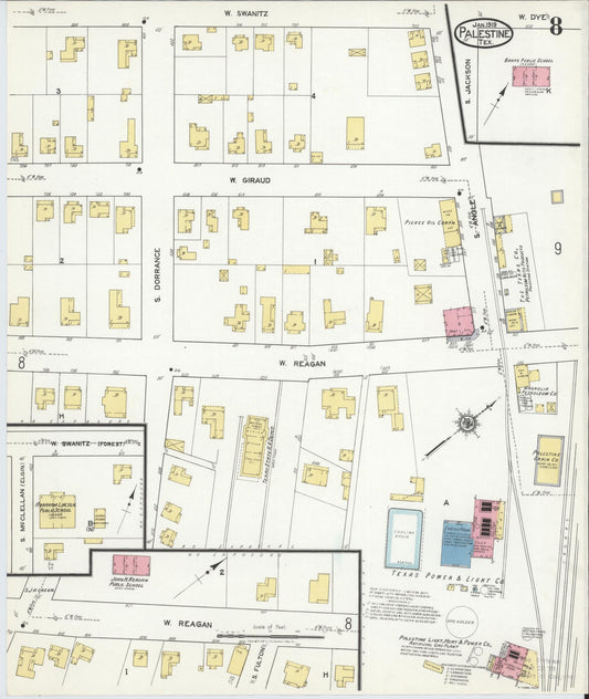 Sanborn Fire Insurance Map from Palestine, Anderson County, Texas (1919), Sheet #0008 - Historic Sanborn Fire Insurance Map Print, vintage old map wall art, antique decor, genealogy gift, Texas Texas map