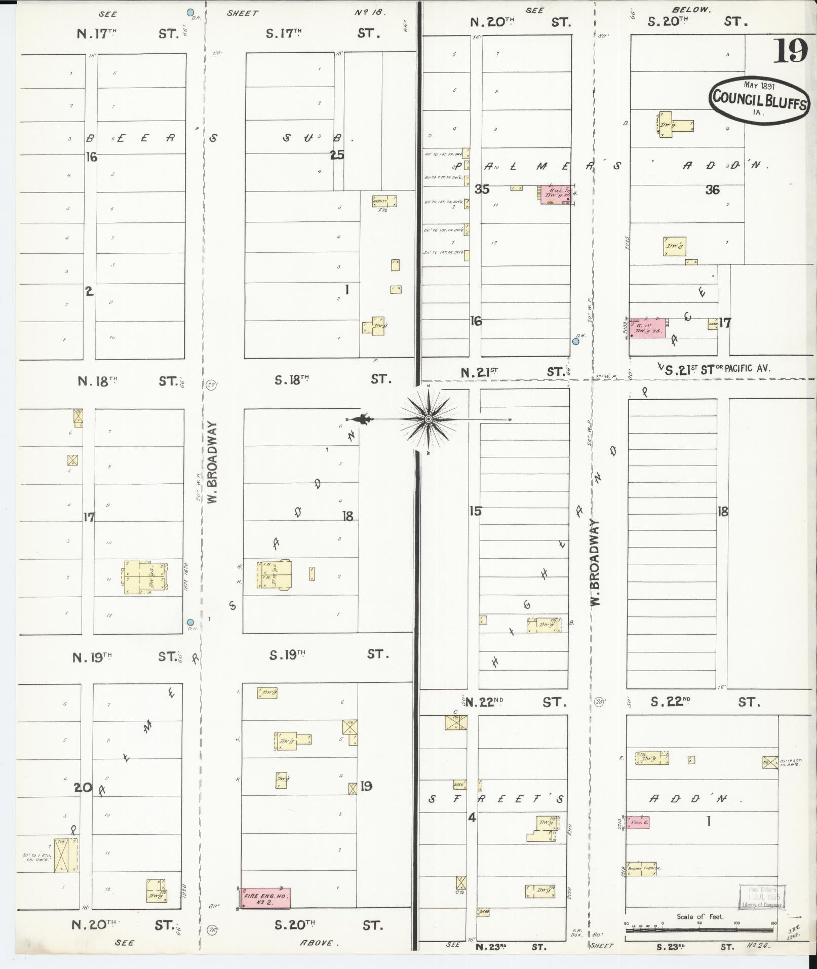 Sanborn Fire Insurance Map from Council Bluffs, Pottawattamie County, Iowa (1891), Sheet #0019 - Historic Sanborn Fire Insurance Map Print, vintage old map wall art