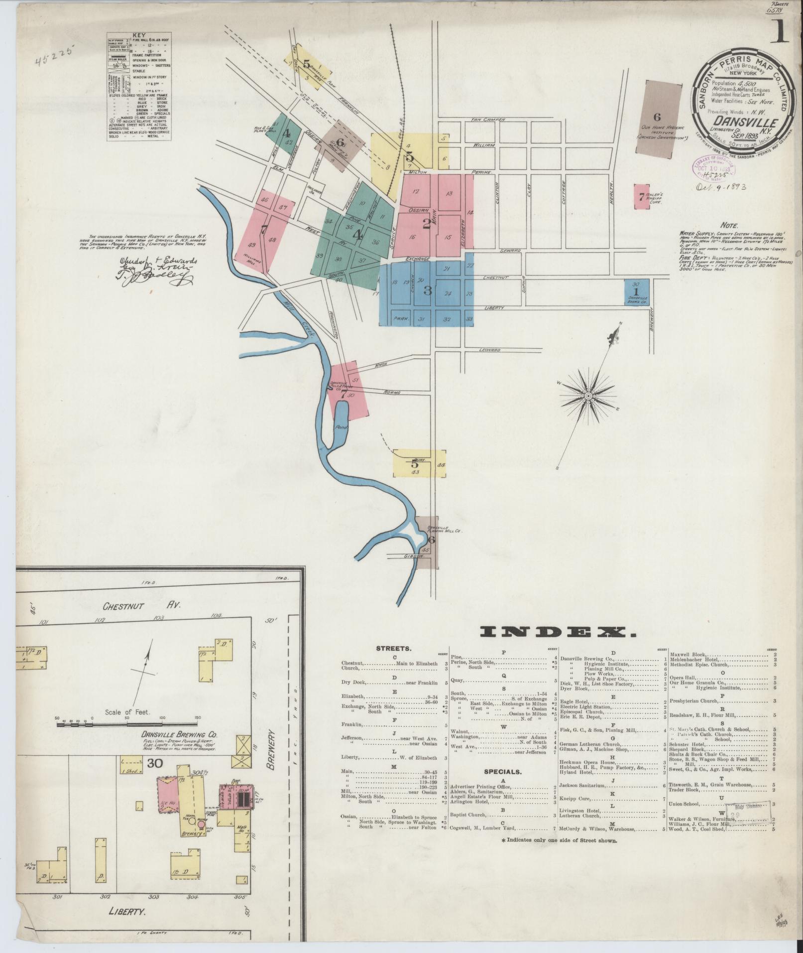 Sanborn Fire Insurance Map from Dansville, Livingston County, New York (1893), Sheet #0001 - Complete Map Set gallery image, historic Sanborn map, vintage wall art, New York New York