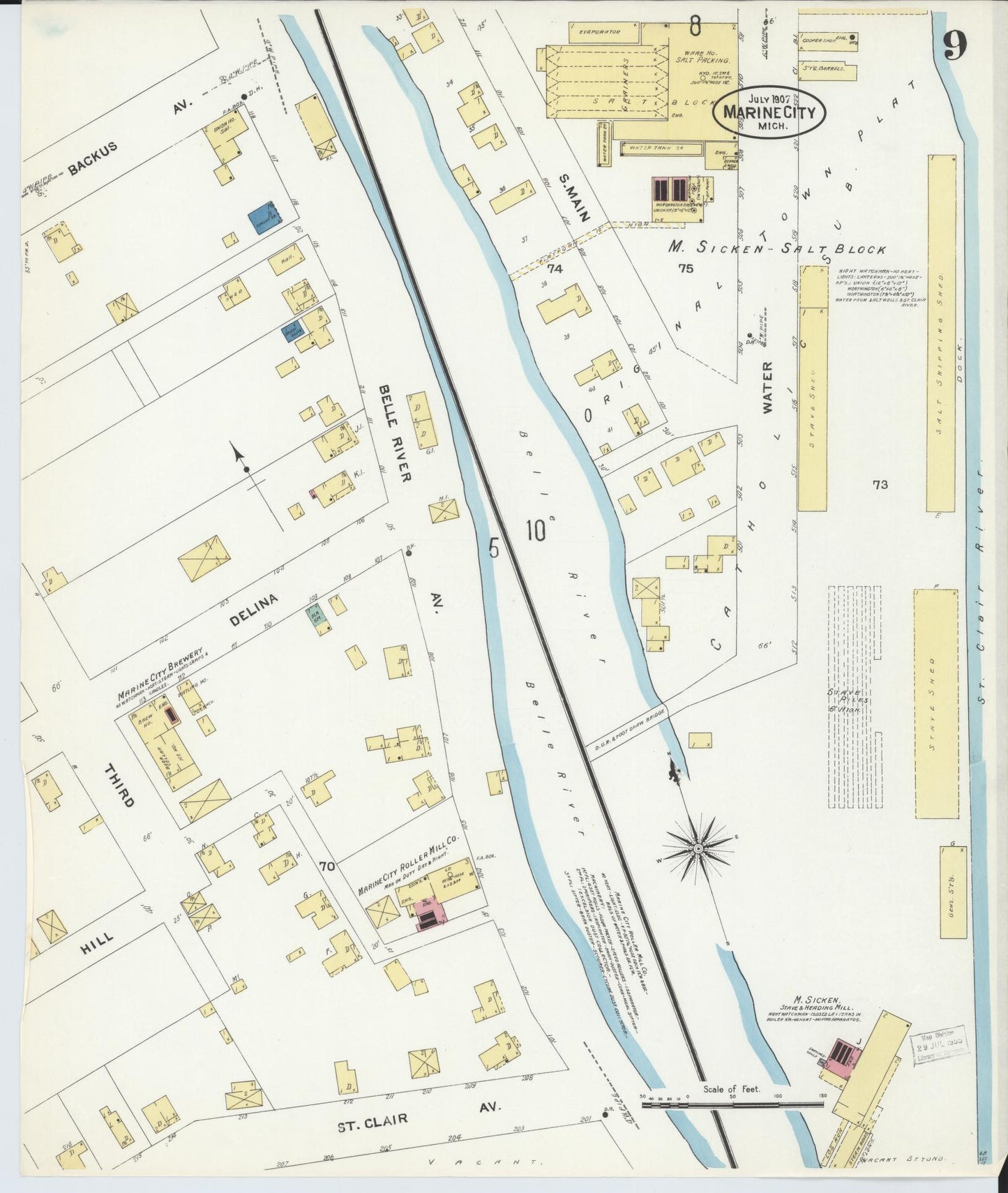 Sanborn Fire Insurance Map from Marine City, Saint Clair County, Michigan (1907), Sheet #0009 - Historic Sanborn Fire Insurance Map Print, vintage old map wall art, antique decor, genealogy gift, Michigan Michigan map