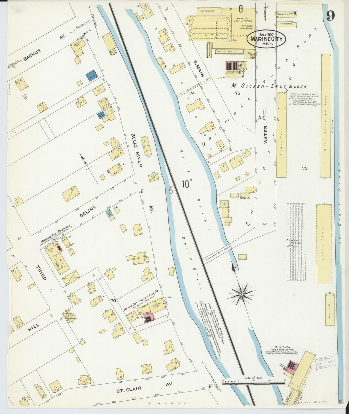 Sanborn Fire Insurance Map from Marine City, Saint Clair County, Michigan (1907), Sheet #0009 - Historic Sanborn Fire Insurance Map Print, vintage old map wall art, antique decor, genealogy gift, Michigan Michigan map