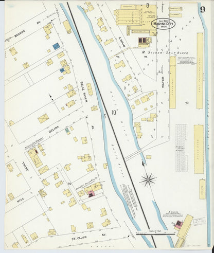 Sanborn Fire Insurance Map from Marine City, Saint Clair County, Michigan (1907), Sheet #0009 - Historic Sanborn Fire Insurance Map Print, vintage old map wall art, antique decor, genealogy gift, Michigan Michigan map