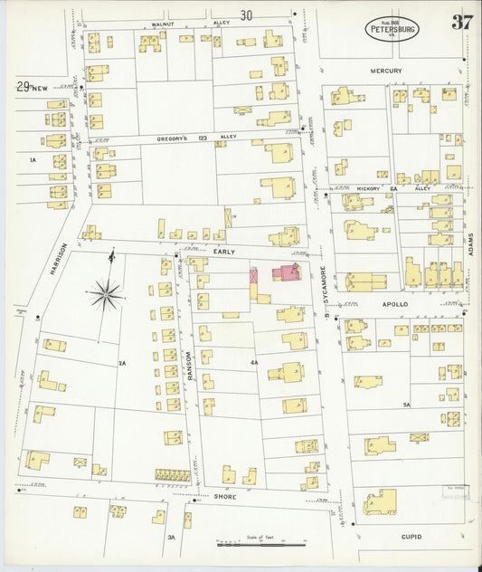 Sanborn Fire Insurance Map from Petersburg, Independent Cities, Virginia (1908), Sheet #0037 - Historic Sanborn Fire Insurance Map Print, vintage old map wall art, antique decor, genealogy gift, Virginia Virginia map
