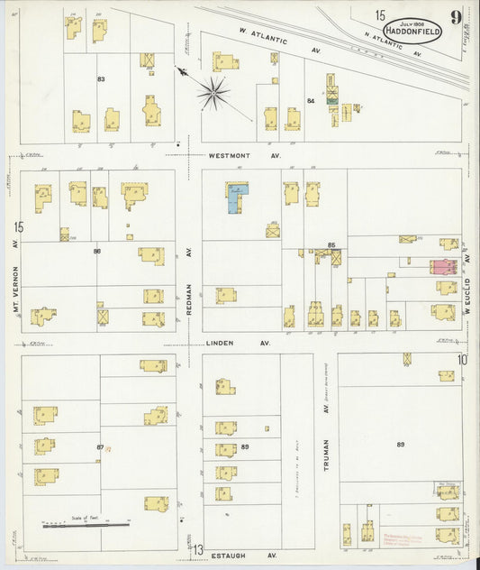 Sanborn Fire Insurance Map from Haddonfield, Camden County, New Jersey (1908), Sheet #0009 - Historic Sanborn Fire Insurance Map Print, vintage old map wall art, antique decor, genealogy gift, New Jersey New Jersey map