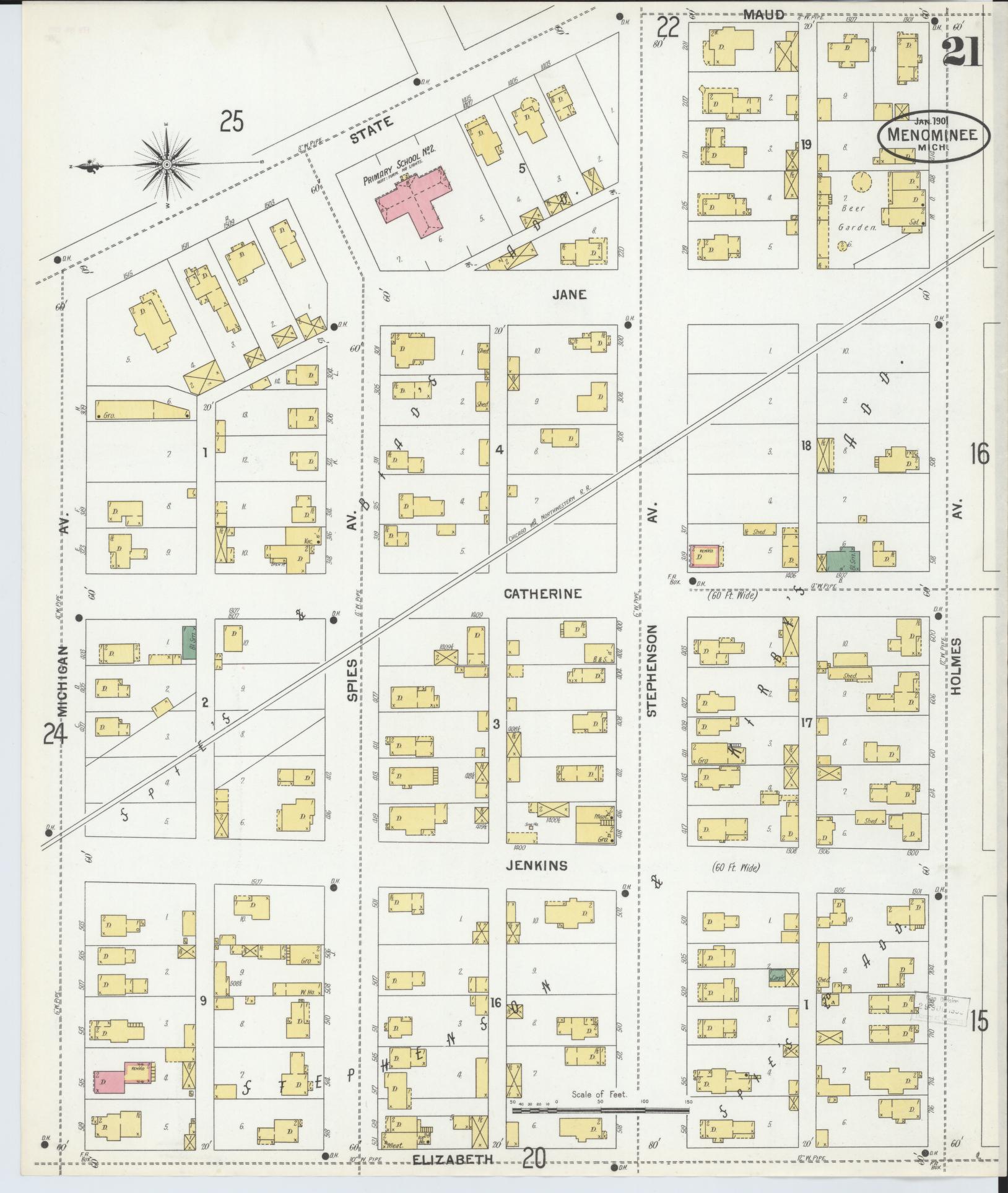 Sanborn Fire Insurance Map from Menominee, Menominee County, Michigan (1901), Sheet #0021 - Complete Map Set gallery image, historic Sanborn map, vintage wall art, Michigan Michigan