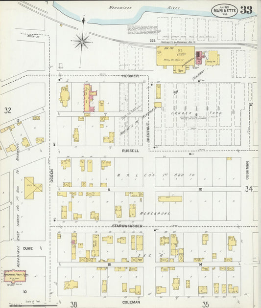 Sanborn Fire Insurance Map from Marinette, Marinette County, Wisconsin (1901), Sheet #0033 - Historic Sanborn Fire Insurance Map Print, vintage old map wall art, antique decor, genealogy gift, Wisconsin Wisconsin map