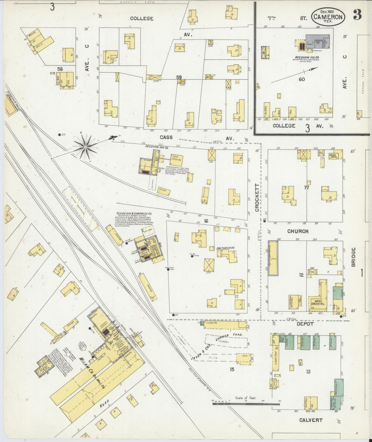 Sanborn Fire Insurance Map from Cameron, Milam County, Texas (1901), Sheet #0003 - Complete Map Set gallery image, historic Sanborn map, vintage wall art, Texas Texas