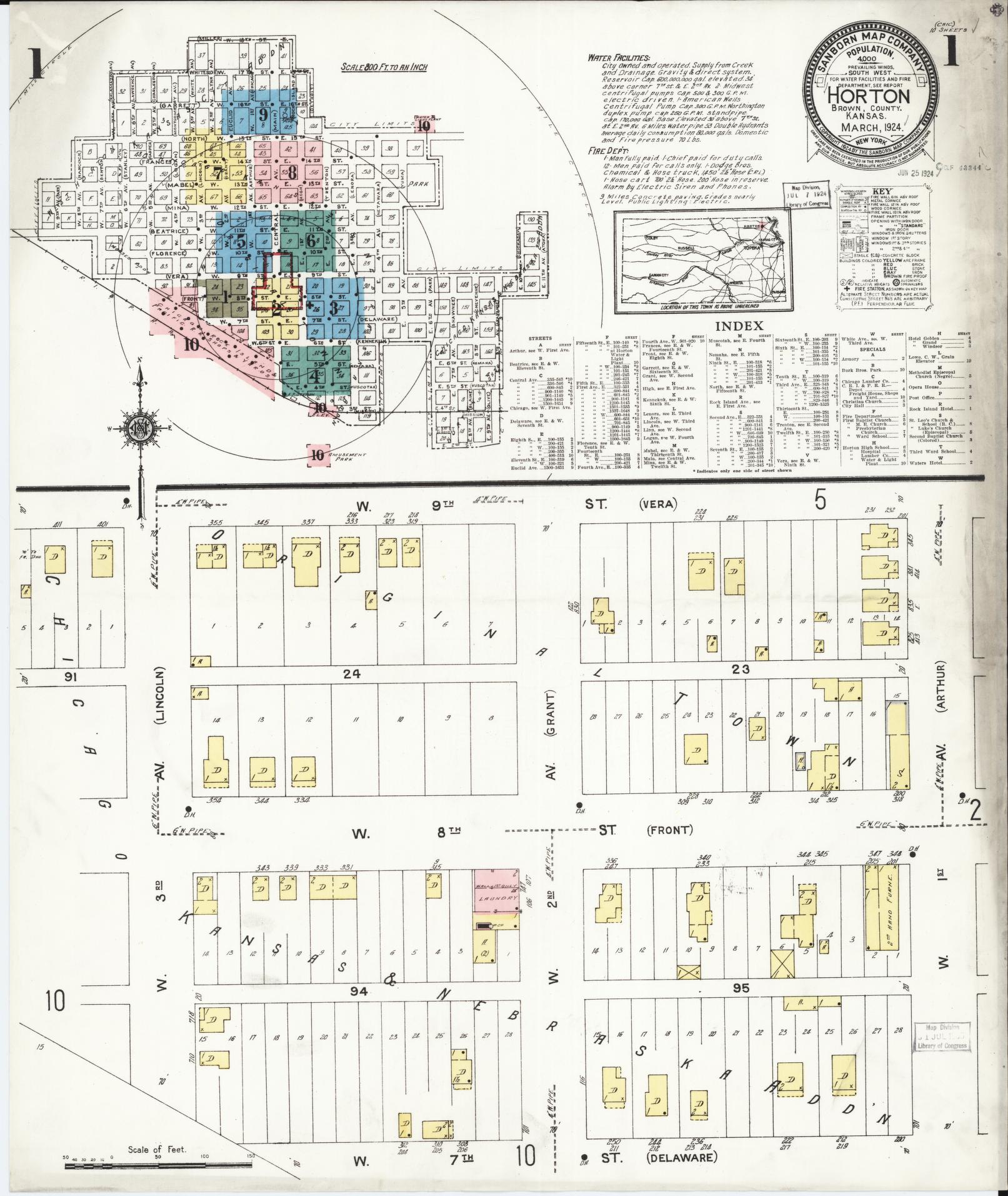 Sanborn Fire Insurance Map from Horton, Brown County, Kansas (1924), Sheet #0001 - Historic Sanborn Fire Insurance Map Print, vintage old map wall art, antique decor, genealogy gift, Kansas Kansas map