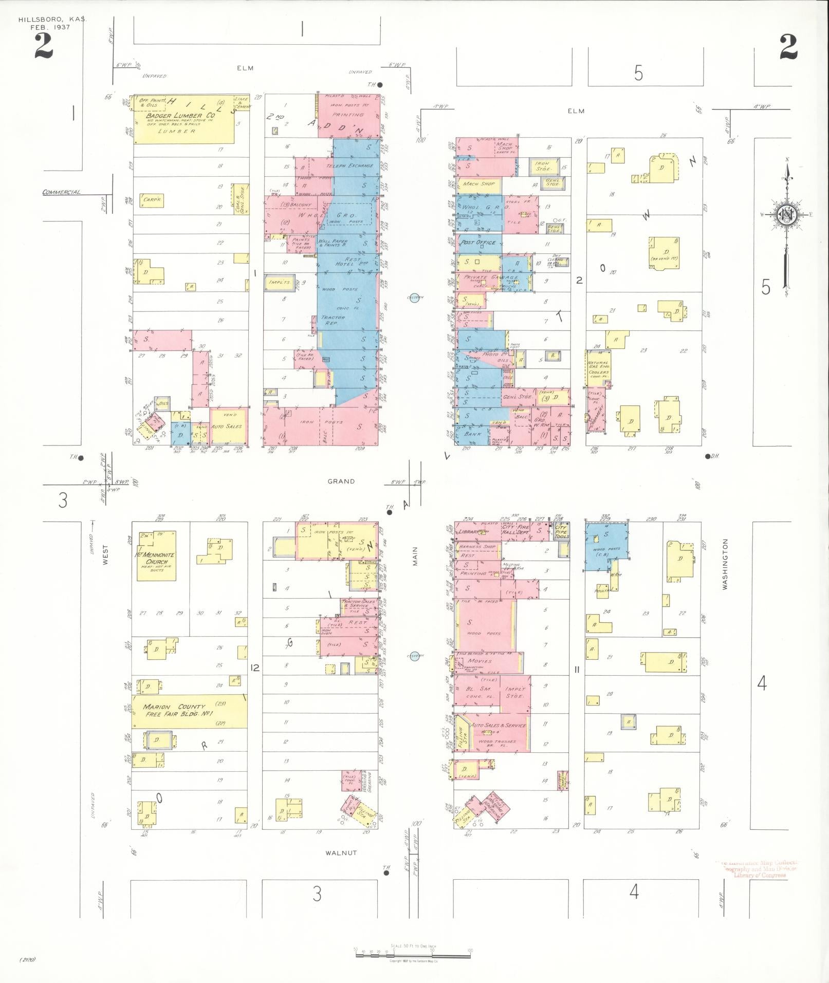 Sanborn Fire Insurance Map from Hillsboro, Marion County, Kansas (1937), Sheet #0002 - Historic Sanborn Fire Insurance Map Print, vintage old map wall art, antique decor, genealogy gift, Kansas Kansas map