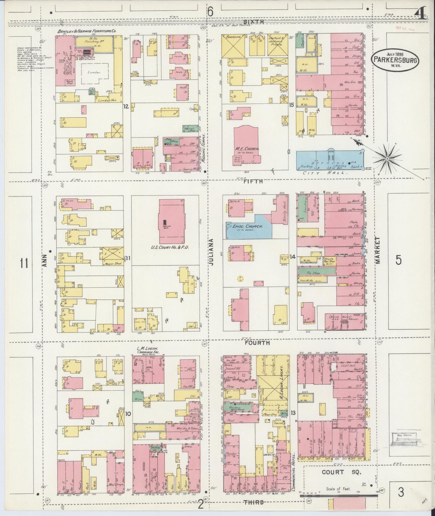 Sanborn Fire Insurance Map from Parkersburg, Wood County, West Virginia (1898), Sheet #0004 - Historic Sanborn Fire Insurance Map Print, vintage old map wall art, antique decor, genealogy gift, West Virginia West Virginia map