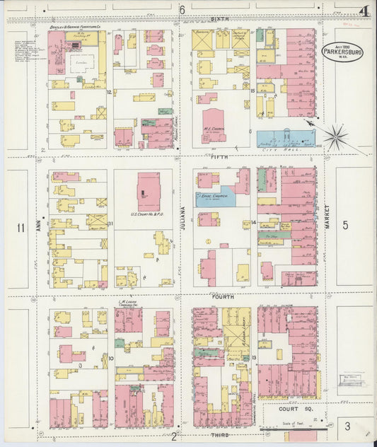 Sanborn Fire Insurance Map from Parkersburg, Wood County, West Virginia (1898), Sheet #0004 - Historic Sanborn Fire Insurance Map Print, vintage old map wall art, antique decor, genealogy gift, West Virginia West Virginia map