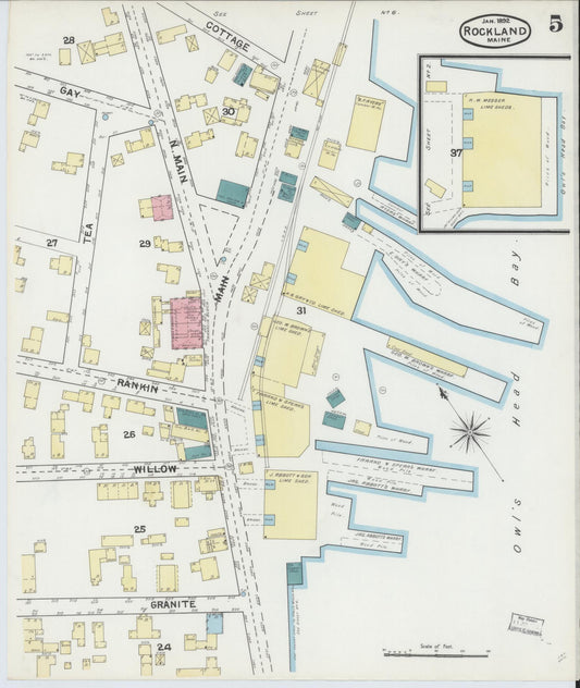 Sanborn Fire Insurance Map from Rockland, Knox County, Maine (1892), Sheet #0005 - Historic Sanborn Fire Insurance Map Print, vintage old map wall art, antique decor, genealogy gift, Maine Maine map