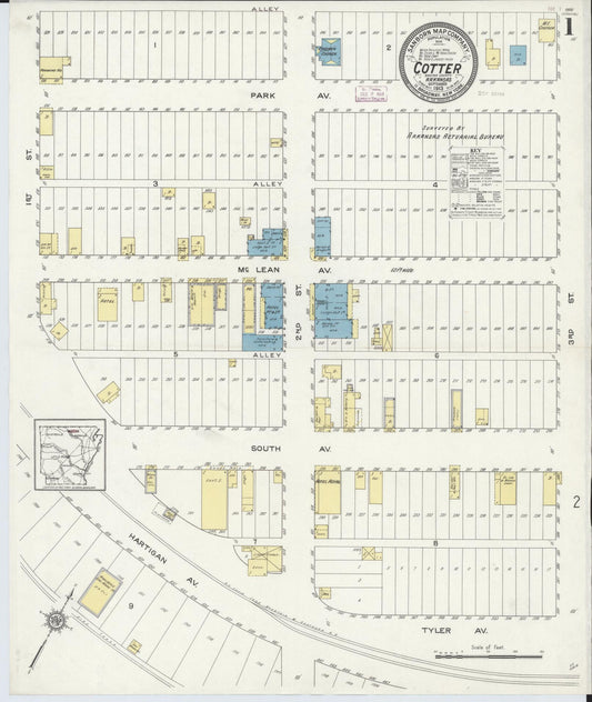 Sanborn Fire Insurance Map from Cotter, Baxter County, Arkansas (1913), Sheet #0001 - Complete Map Set gallery image, historic Sanborn map, vintage wall art, Arkansas Arkansas