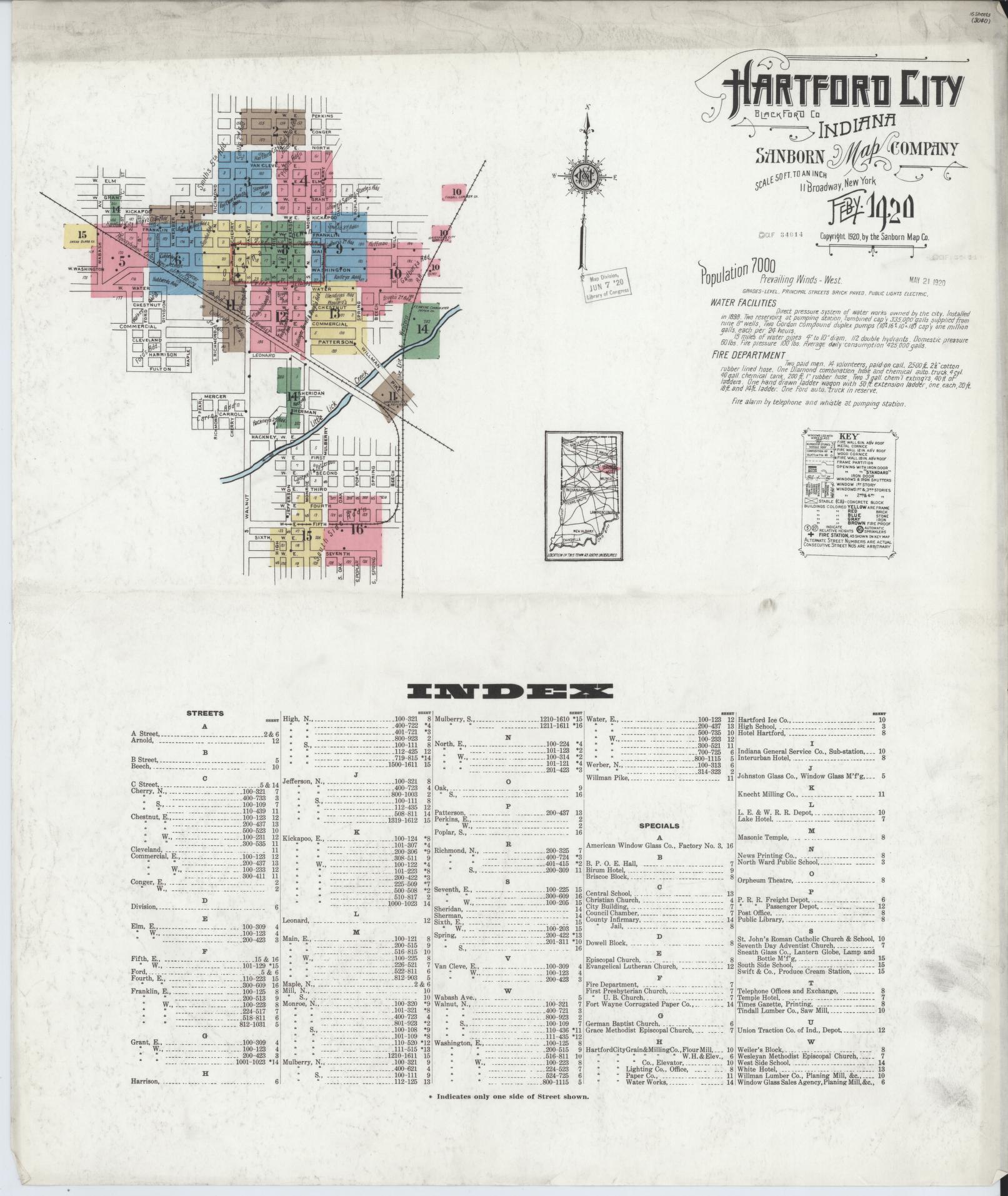 Sanborn Fire Insurance Map from Hartford City, Blackford County, Indiana (1920), Sheet #0001 - Complete Map Set gallery image, historic Sanborn map, vintage wall art, Indiana Indiana