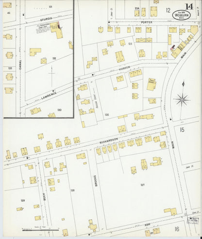 Sanborn Fire Insurance Map from Woburn, Middlesex County, Massachusetts (1899), Sheet #0014 - Historic Sanborn Fire Insurance Map Print, vintage old map wall art, antique decor, genealogy gift, Massachusetts Massachusetts map