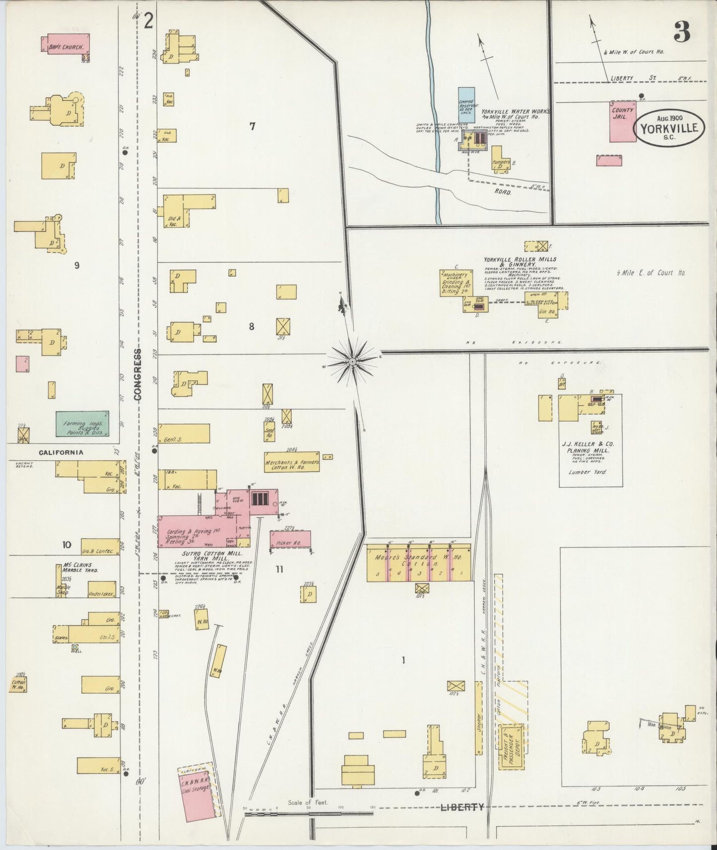 Sanborn Fire Insurance Map from York[ville], York County, South Carolina (1900), Sheet #0003 - Complete Map Set gallery image, historic Sanborn map, vintage wall art, South Carolina South Carolina