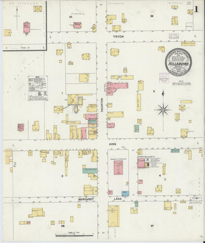 Sanborn Fire Insurance Map from Hillsboro, Orange County, North Carolina (1905), Sheet #0001 - Historic Sanborn Fire Insurance Map Print, vintage old map wall art, antique decor, genealogy gift, North Carolina North Carolina map