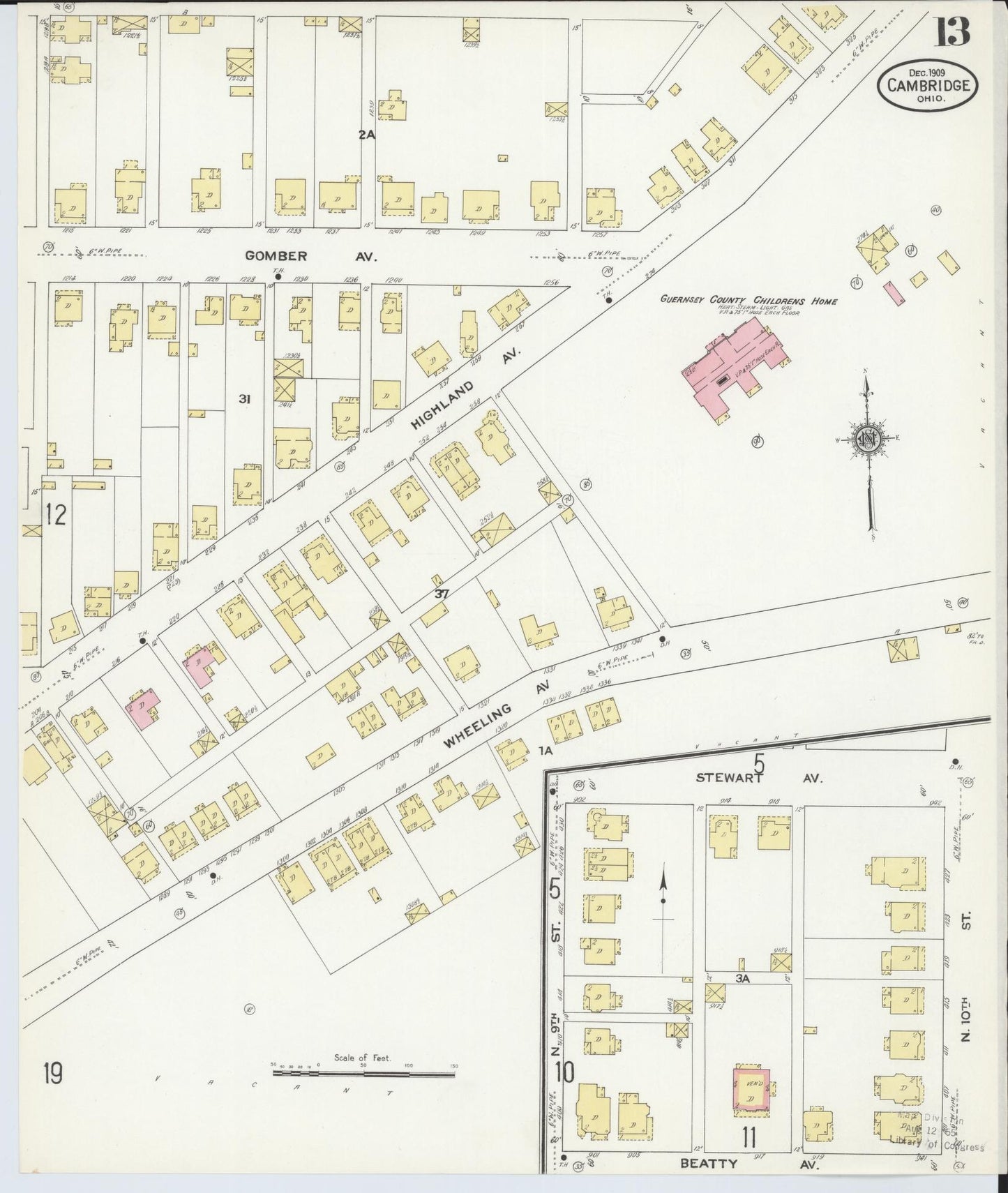 Sanborn Fire Insurance Map from Cambridge, Guernsey County, Ohio (1909), Sheet #0013 - Historic Sanborn Fire Insurance Map Print, vintage old map wall art, antique decor, genealogy gift, Ohio Ohio map