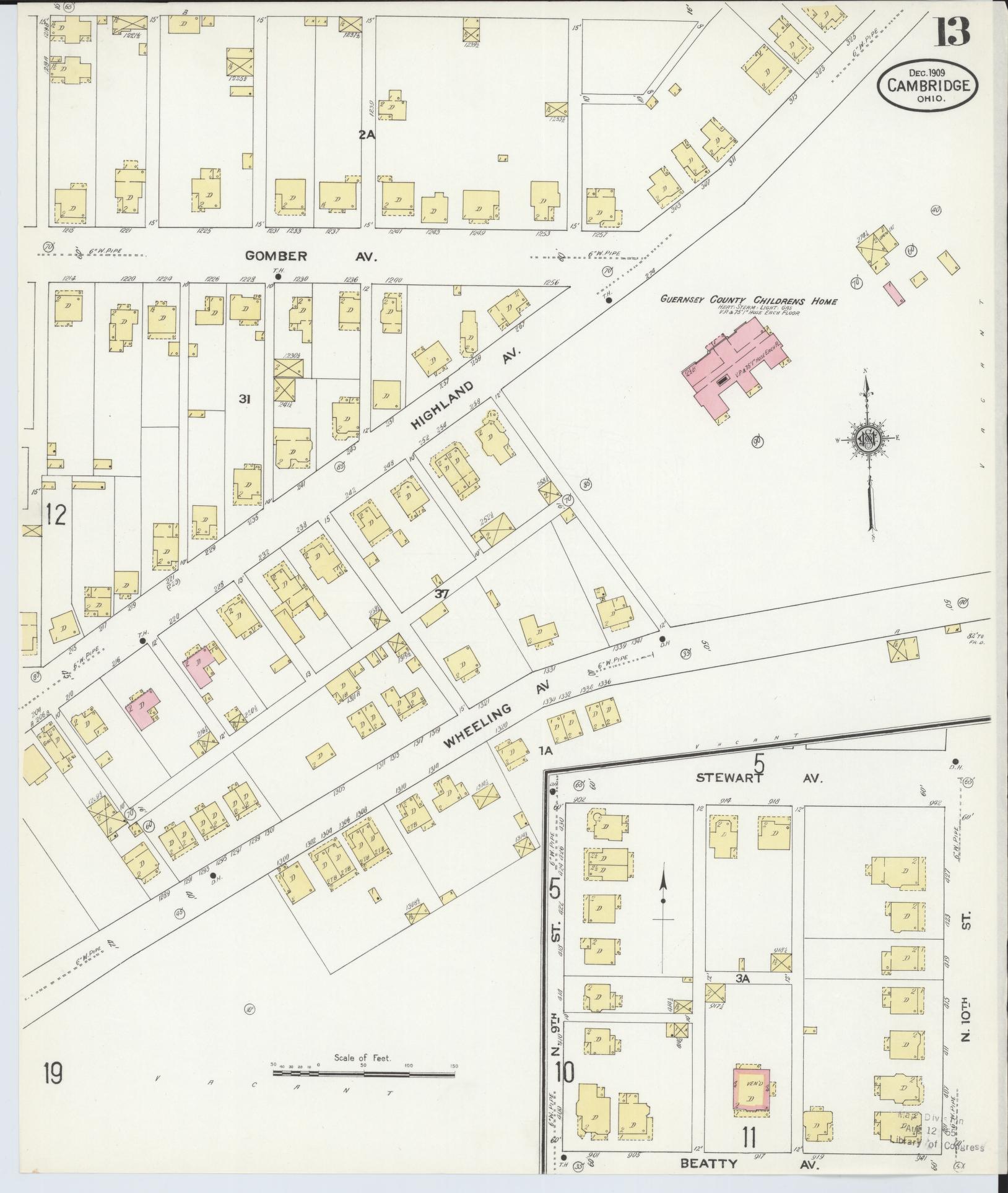 Sanborn Fire Insurance Map from Cambridge, Guernsey County, Ohio (1909), Sheet #0013 - Historic Sanborn Fire Insurance Map Print, vintage old map wall art, antique decor, genealogy gift, Ohio Ohio map