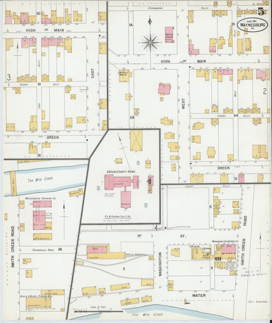 Sanborn Fire Insurance Map from Waynesburg, Greene County, Pennsylvania (1901), Sheet #0005 - Historic Sanborn Fire Insurance Map Print, vintage old map wall art, antique decor, genealogy gift, Pennsylvania Pennsylvania map