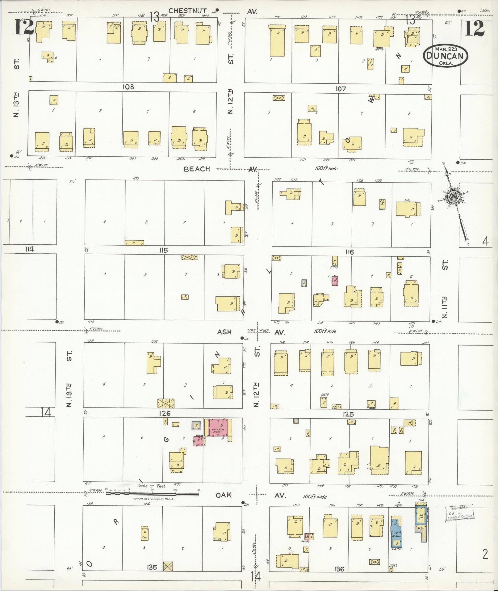 Sanborn Fire Insurance Map from Duncan, Stephens County, Oklahoma (1923), Sheet #0012 - Historic Sanborn Fire Insurance Map Print, vintage old map wall art, antique decor, genealogy gift, Oklahoma Oklahoma map