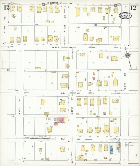 Sanborn Fire Insurance Map from Duncan, Stephens County, Oklahoma (1923), Sheet #0012 - Historic Sanborn Fire Insurance Map Print, vintage old map wall art, antique decor, genealogy gift, Oklahoma Oklahoma map