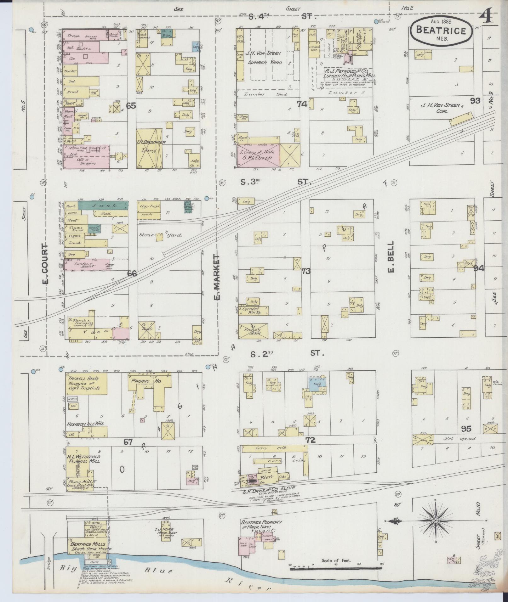 Sanborn Fire Insurance Map from Beatrice, Gage County, Nebraska (1889), Sheet #0004 - Historic Sanborn Fire Insurance Map Print, vintage old map wall art, antique decor, genealogy gift, Nebraska Nebraska map