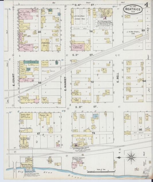 Sanborn Fire Insurance Map from Beatrice, Gage County, Nebraska (1889), Sheet #0004 - Historic Sanborn Fire Insurance Map Print, vintage old map wall art, antique decor, genealogy gift, Nebraska Nebraska map