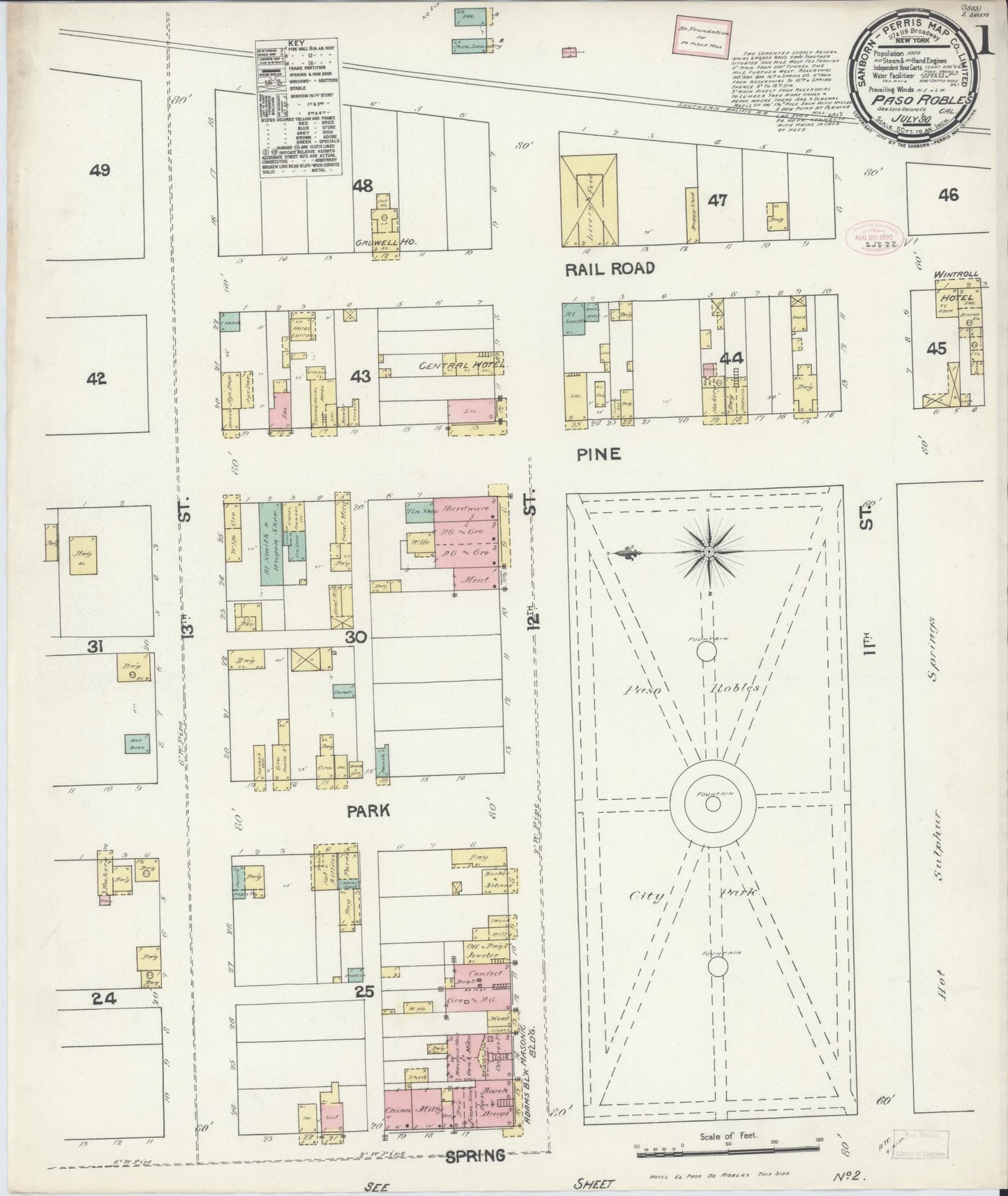 Sanborn Fire Insurance Map from Paso Robles, San Luis Obispo County, California (1890), Sheet #0001 - Complete Map Set gallery image, historic Sanborn map, vintage wall art, California California