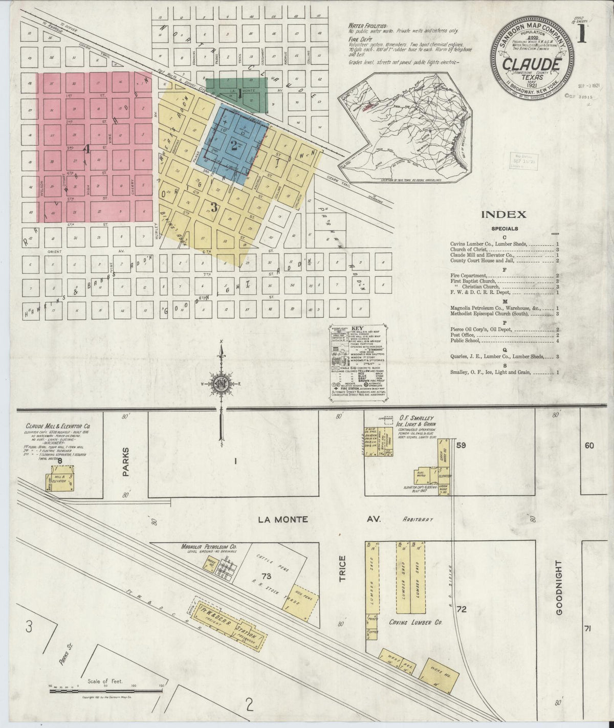Sanborn Fire Insurance Map from Claude, Armstrong County, Texas (1921), Sheet #0001 - Complete Map Set gallery image, historic Sanborn map, vintage wall art, Texas Texas