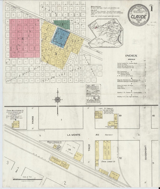 Sanborn Fire Insurance Map from Claude, Armstrong County, Texas (1921), Sheet #0001 - Complete Map Set gallery image, historic Sanborn map, vintage wall art, Texas Texas
