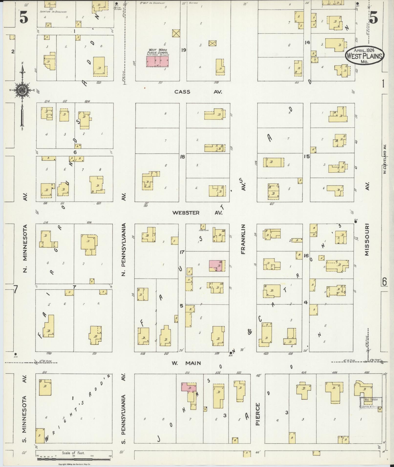 Sanborn Fire Insurance Map from West Plains, Howell County, Missouri (1924), Sheet #0005 - Complete Map Set gallery image, historic Sanborn map, vintage wall art, Missouri Missouri