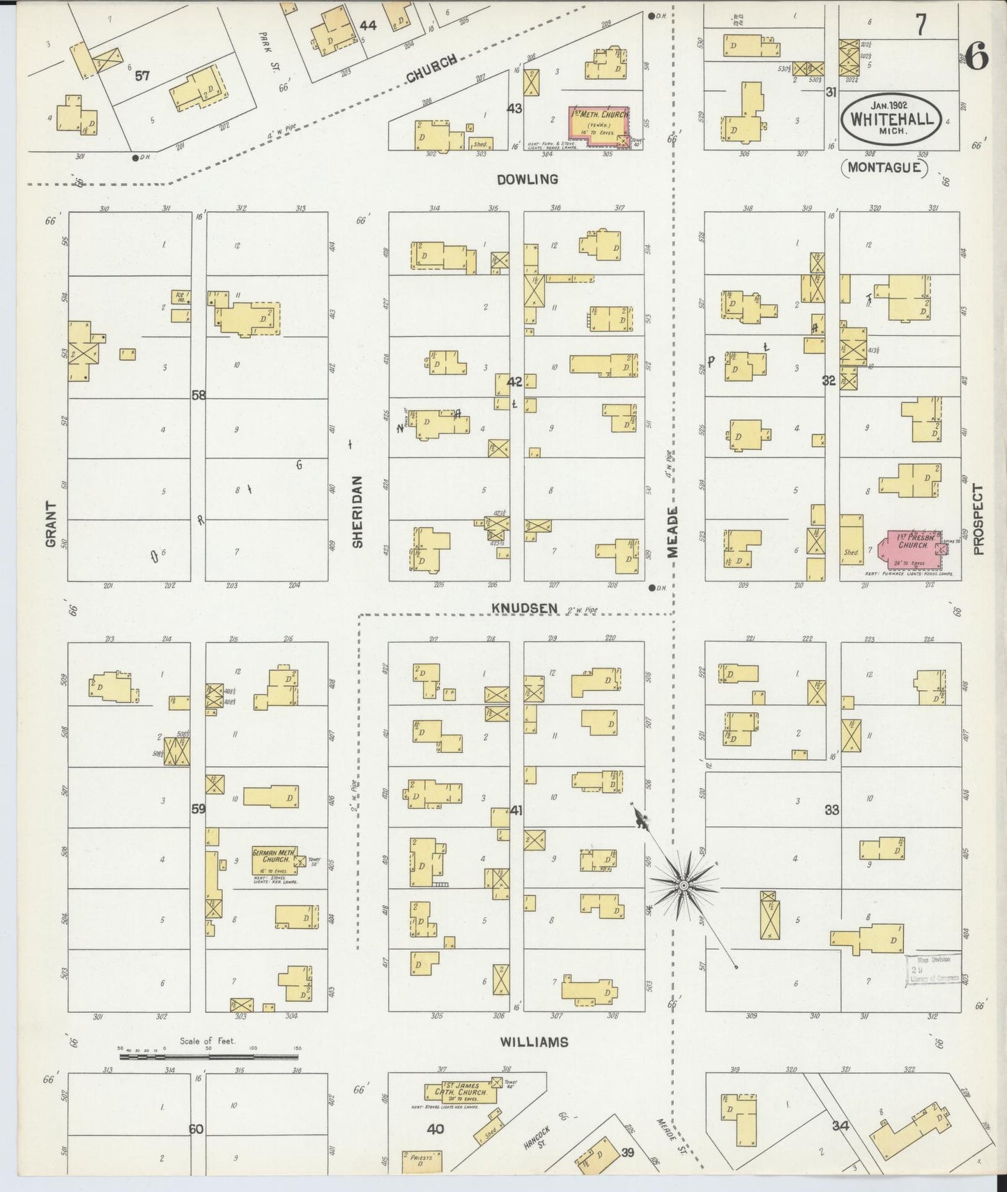 Sanborn Fire Insurance Map from Whitehall, Muskegon County, Michigan (1902), Sheet #0006 - Complete Map Set gallery image, historic Sanborn map, vintage wall art, Michigan Michigan