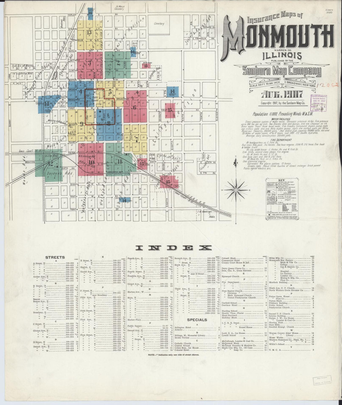 Sanborn Fire Insurance Map from Monmouth, Warren County, Illinois (1907), Sheet #0001 - Historic Sanborn Fire Insurance Map Print, vintage old map wall art, antique decor, genealogy gift, Illinois Illinois map