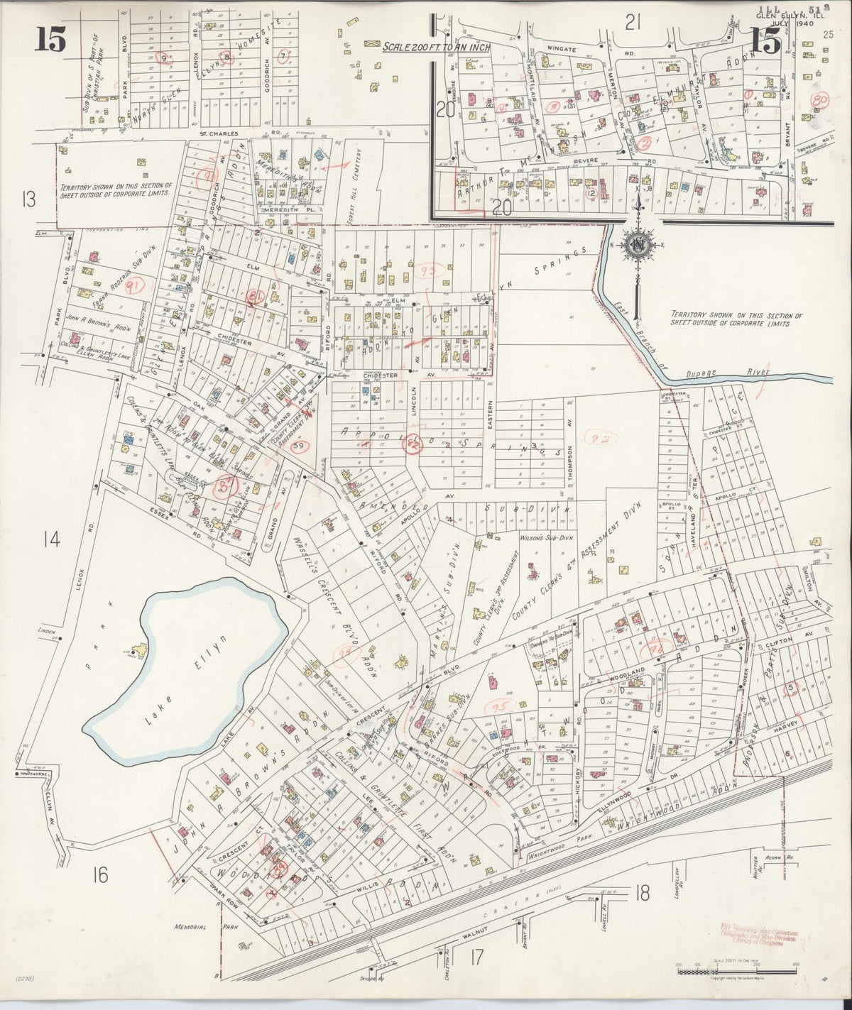 Sanborn Fire Insurance Map from Glen Ellyn, Du Page County, Illinois (1946), Sheet #0015 - Complete Map Set gallery image, historic Sanborn map, vintage wall art, Illinois Illinois
