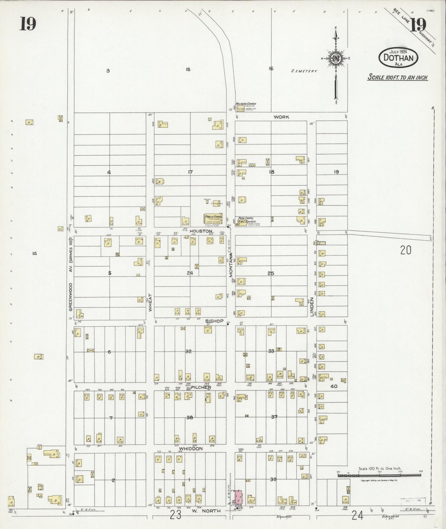 Sanborn Fire Insurance Map from Dothan, Houston County, Alabama (1924), Sheet #0019 - Historic Sanborn Fire Insurance Map Print, vintage old map wall art, antique decor, genealogy gift, Alabama Alabama map