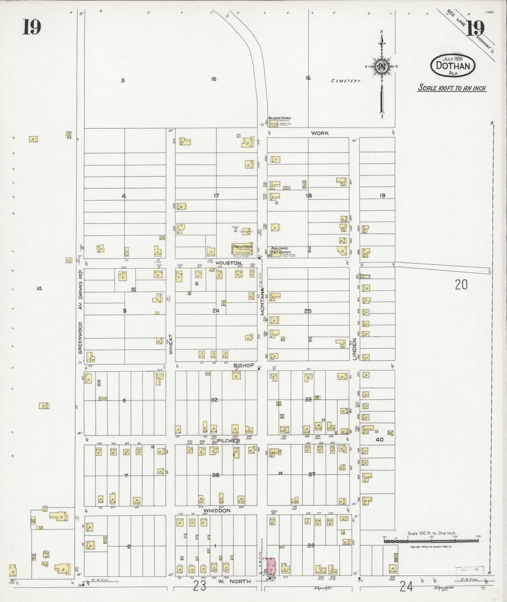 Sanborn Fire Insurance Map from Dothan, Houston County, Alabama (1924), Sheet #0019 - Historic Sanborn Fire Insurance Map Print, vintage old map wall art, antique decor, genealogy gift, Alabama Alabama map