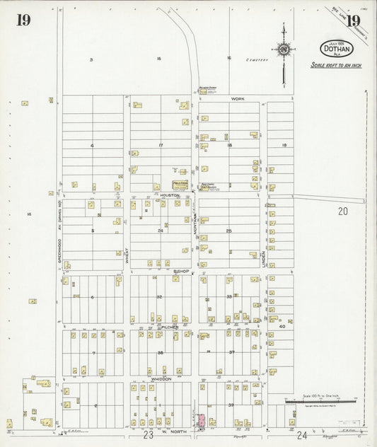 Sanborn Fire Insurance Map from Dothan, Houston County, Alabama (1924), Sheet #0019 - Historic Sanborn Fire Insurance Map Print, vintage old map wall art, antique decor, genealogy gift, Alabama Alabama map