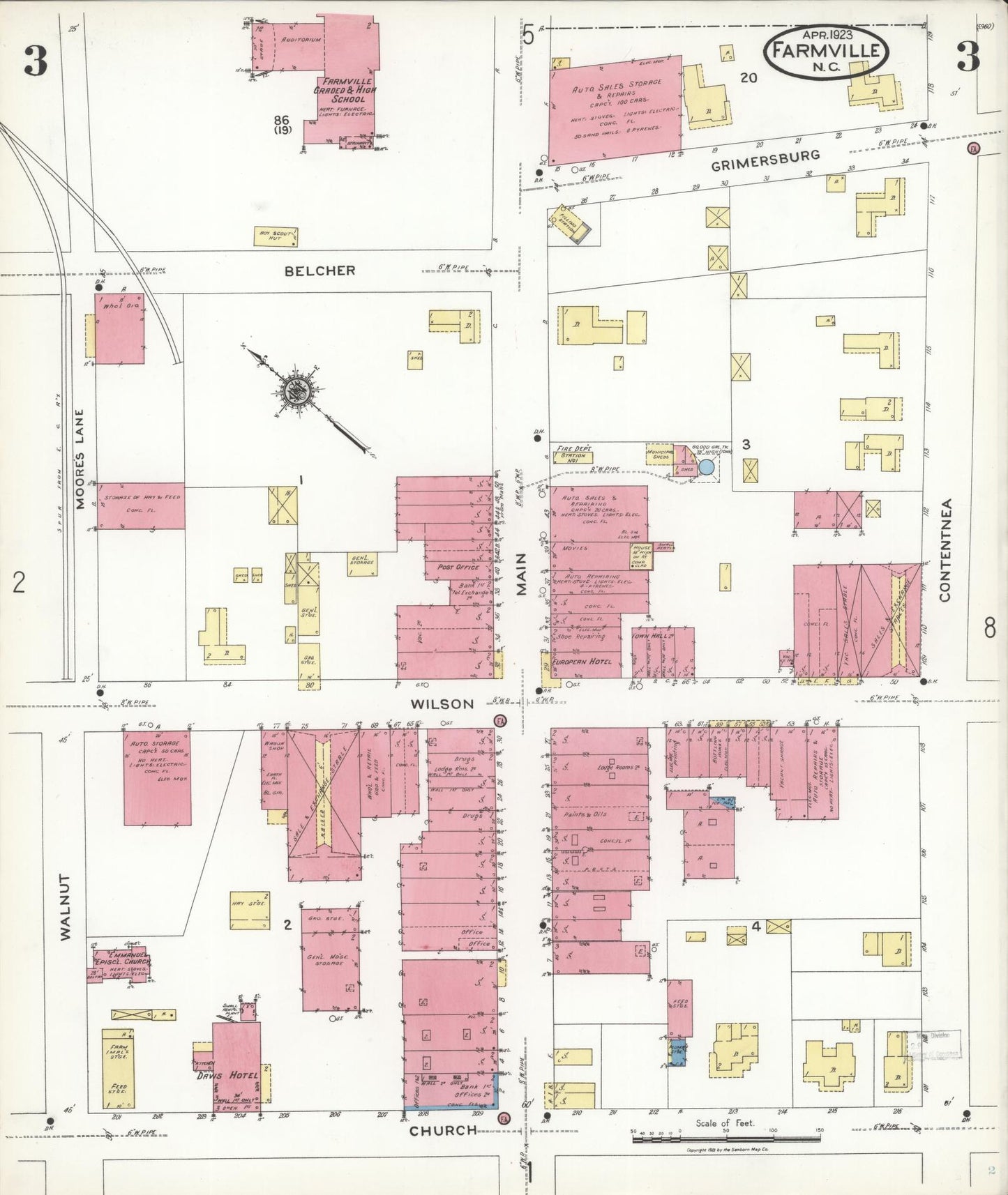 Sanborn Fire Insurance Map from Farmville, Pitt County, North Carolina (1923), Sheet #0003 - Complete Map Set gallery image, historic Sanborn map, vintage wall art, North Carolina North Carolina