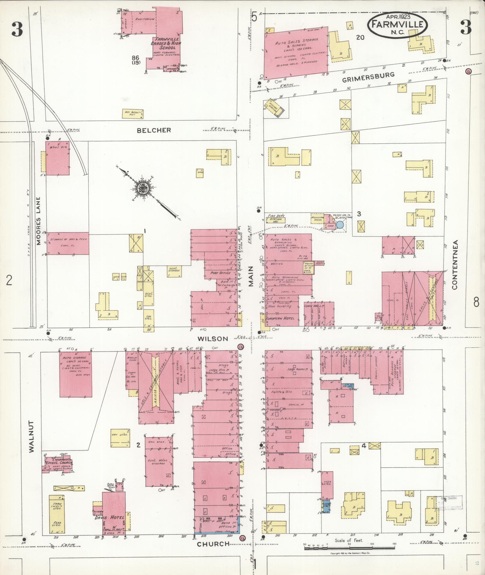 Sanborn Fire Insurance Map from Farmville, Pitt County, North Carolina (1923), Sheet #0003 - Complete Map Set gallery image, historic Sanborn map, vintage wall art, North Carolina North Carolina