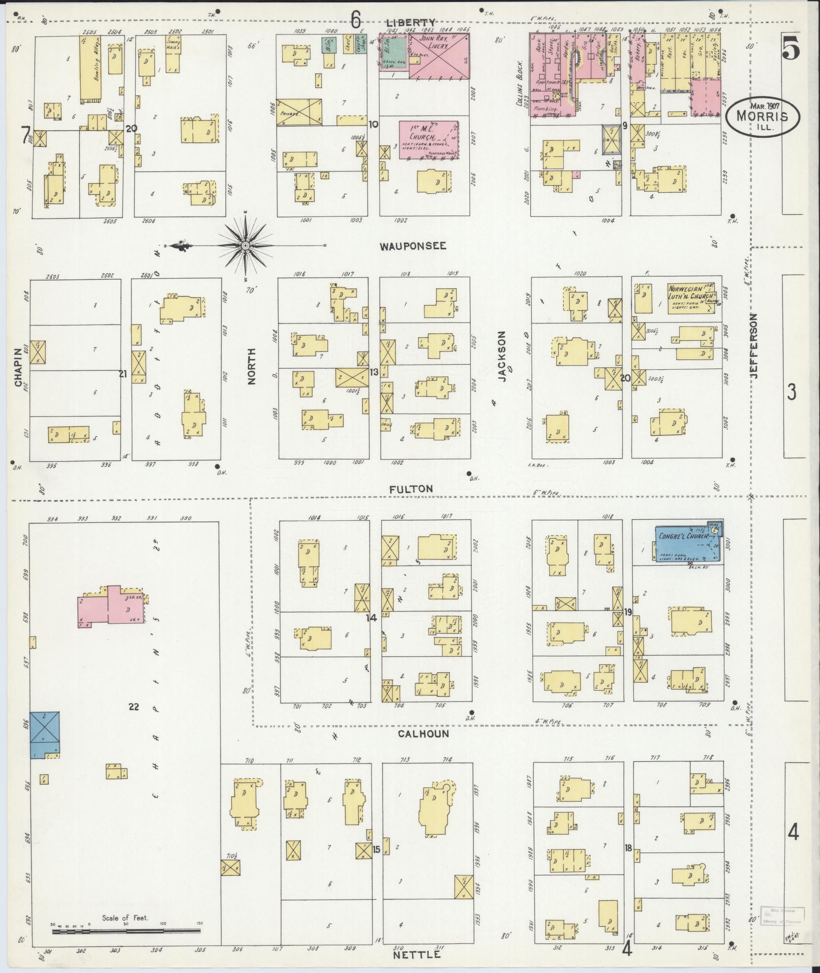 Sanborn Fire Insurance Map from Morris, Grundy County, Illinois (1907), Sheet #0005 - Complete Map Set gallery image, historic Sanborn map, vintage wall art, Illinois Illinois