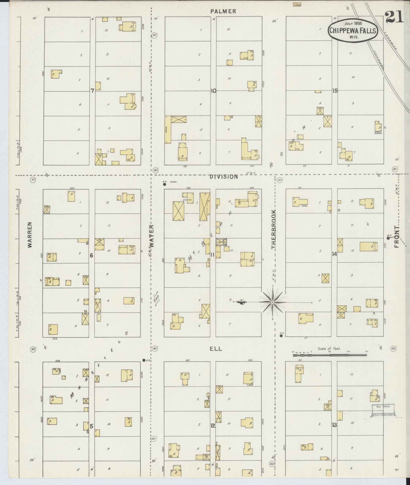 Sanborn Fire Insurance Map from Chippewa Falls, Chippewa County, Wisconsin (1895), Sheet #0021 - Historic Sanborn Fire Insurance Map Print, vintage old map wall art, antique decor, genealogy gift, Wisconsin Wisconsin map