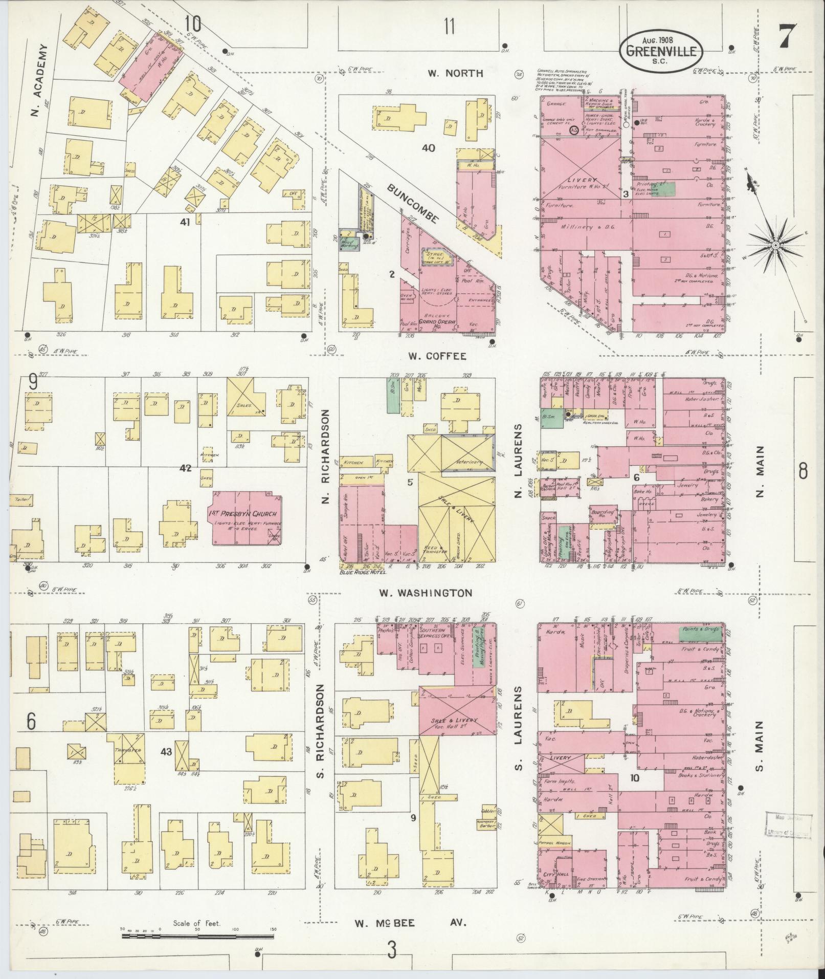 Sanborn Fire Insurance Map from Greenville, Greenville County, South Carolina (1908), Sheet #0007 - Complete Map Set gallery image, historic Sanborn map, vintage wall art, South Carolina South Carolina